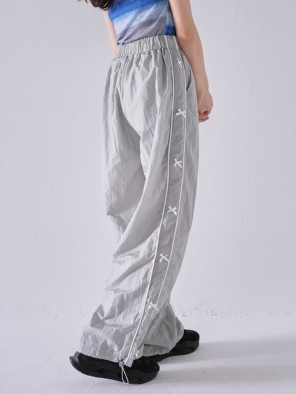 Coco and Shay Girly Bow Ribbon Nylon Track Pants Drawstring Waist and Hem Gray M